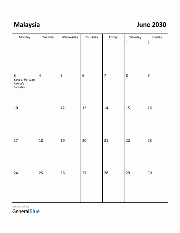 June 2030 Calendar with Malaysia Holidays