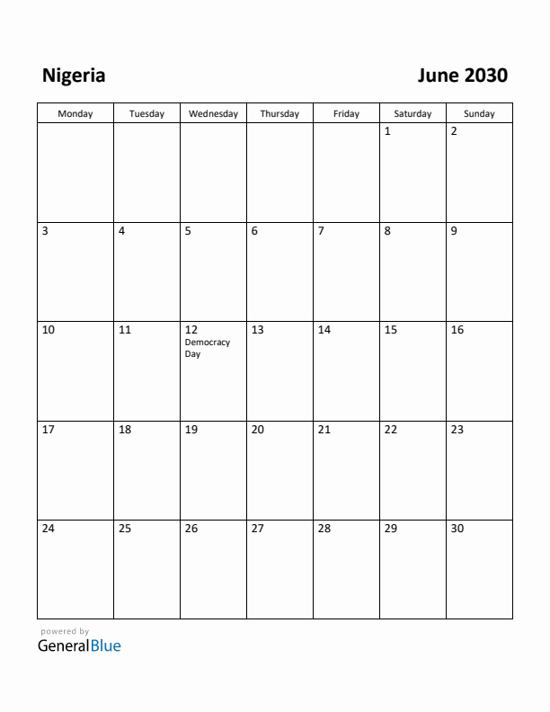 June 2030 Calendar with Nigeria Holidays