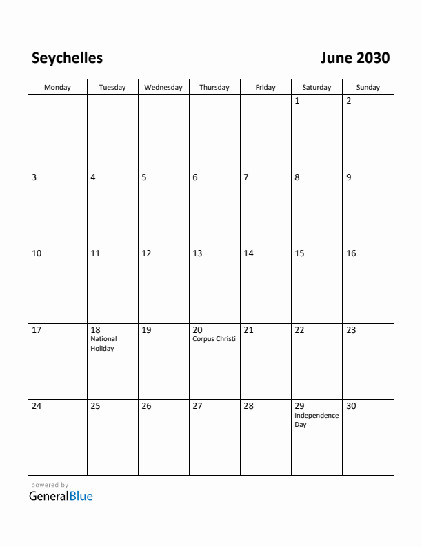 June 2030 Calendar with Seychelles Holidays