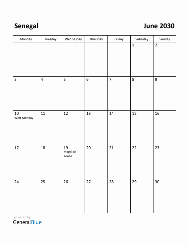 June 2030 Calendar with Senegal Holidays