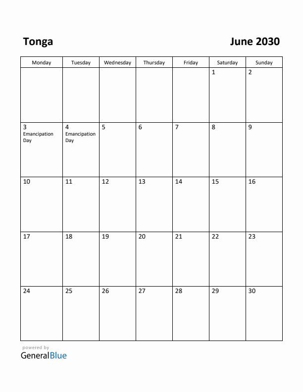 June 2030 Calendar with Tonga Holidays