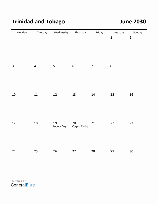 June 2030 Calendar with Trinidad and Tobago Holidays