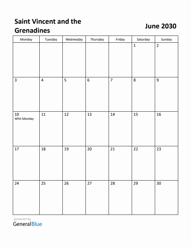 June 2030 Calendar with Saint Vincent and the Grenadines Holidays