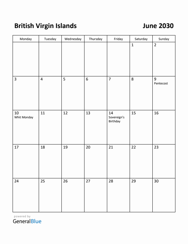 June 2030 Calendar with British Virgin Islands Holidays