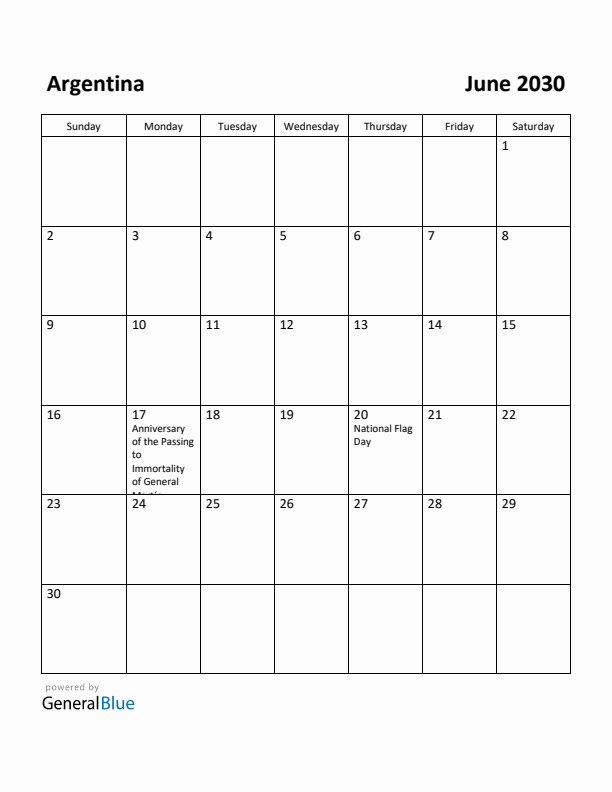 June 2030 Calendar with Argentina Holidays