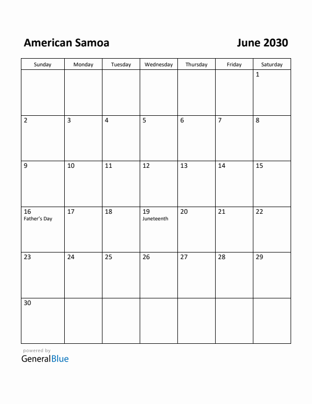 June 2030 Calendar with American Samoa Holidays