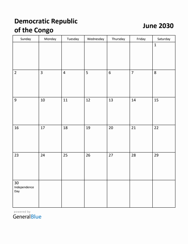 June 2030 Calendar with Democratic Republic of the Congo Holidays