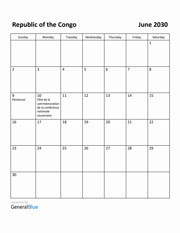 June 2030 Calendar with Republic of the Congo Holidays