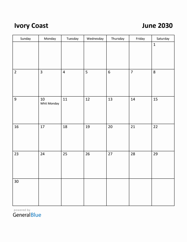 June 2030 Calendar with Ivory Coast Holidays