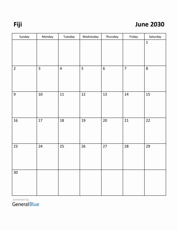 June 2030 Calendar with Fiji Holidays