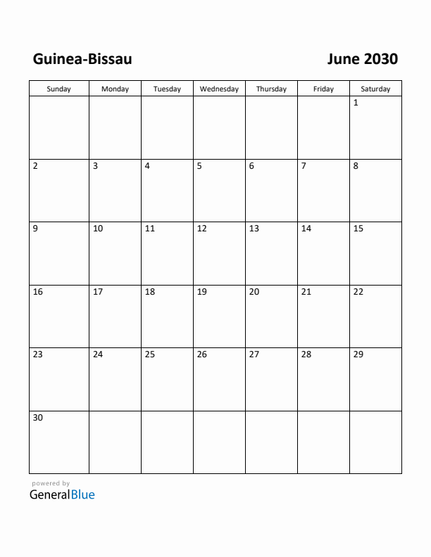 June 2030 Calendar with Guinea-Bissau Holidays