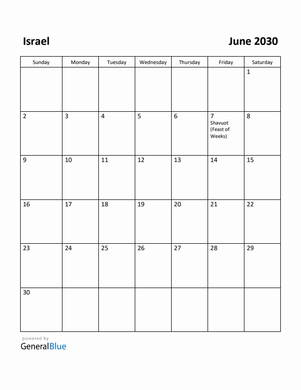 June 2030 Calendar with Israel Holidays