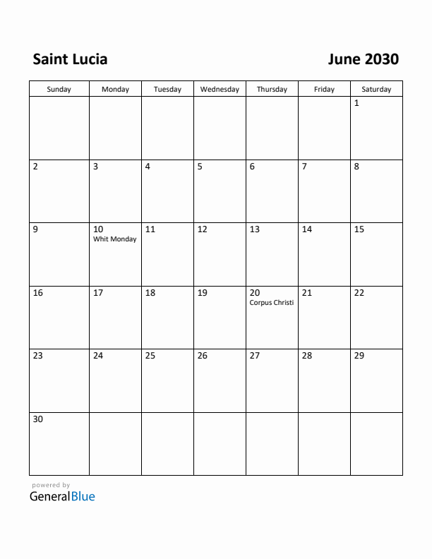 June 2030 Calendar with Saint Lucia Holidays