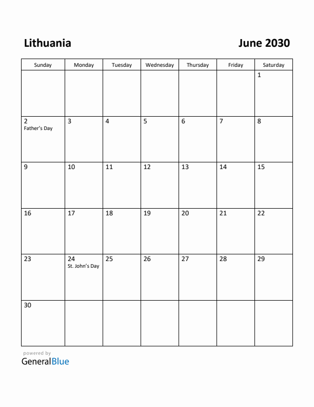 June 2030 Calendar with Lithuania Holidays