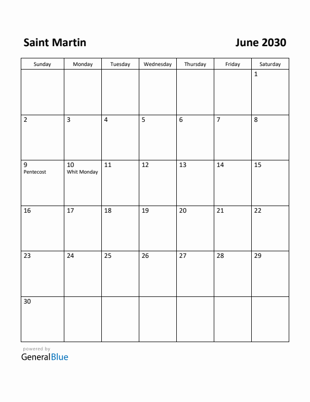 June 2030 Calendar with Saint Martin Holidays