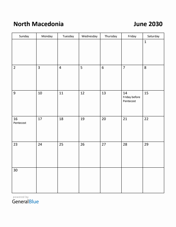 June 2030 Calendar with North Macedonia Holidays