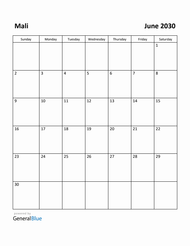 June 2030 Calendar with Mali Holidays