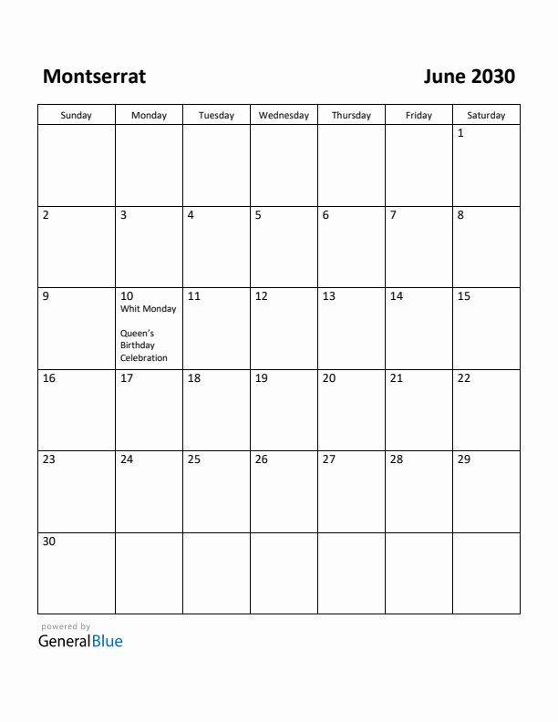 June 2030 Calendar with Montserrat Holidays