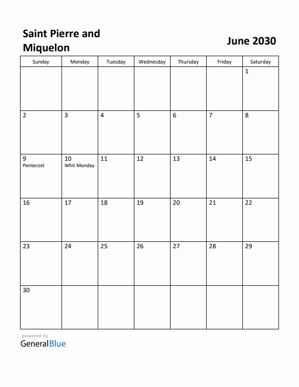 June 2030 Calendar with Saint Pierre and Miquelon Holidays