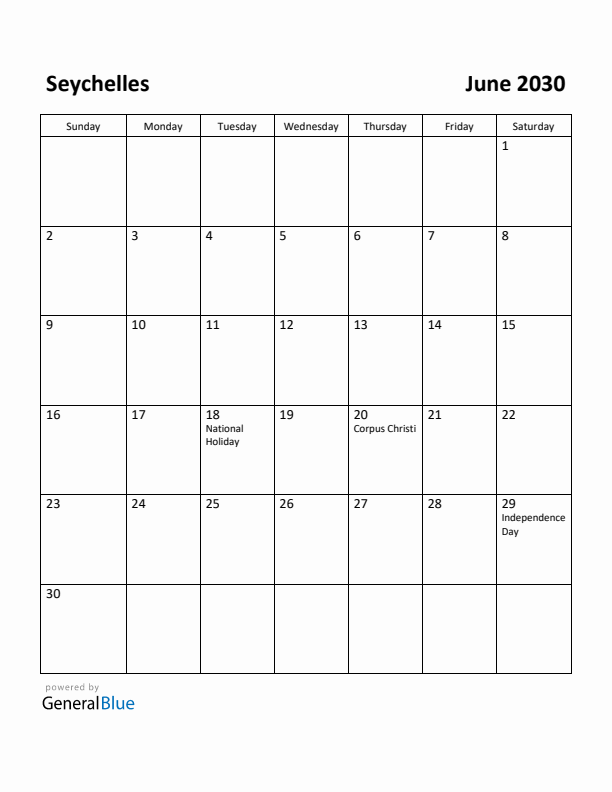 June 2030 Calendar with Seychelles Holidays