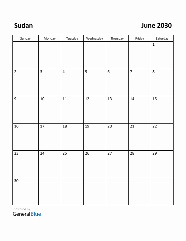 June 2030 Calendar with Sudan Holidays