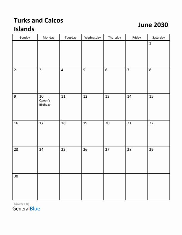 June 2030 Calendar with Turks and Caicos Islands Holidays
