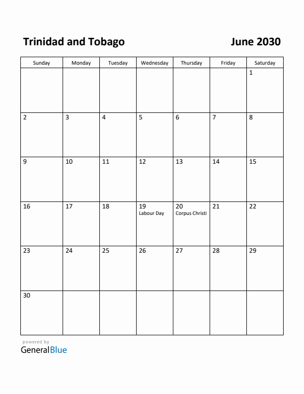 June 2030 Calendar with Trinidad and Tobago Holidays