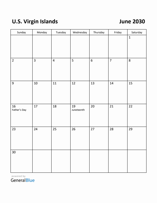 June 2030 Calendar with U.S. Virgin Islands Holidays