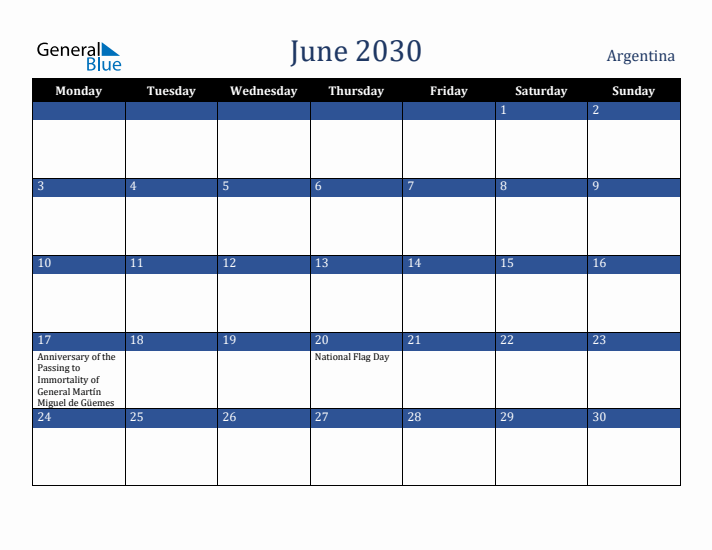 June 2030 Argentina Calendar (Monday Start)