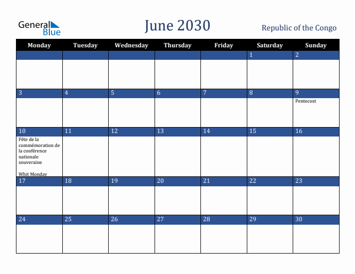 June 2030 Republic of the Congo Calendar (Monday Start)