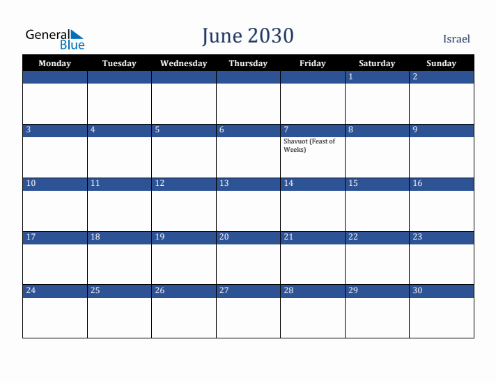 June 2030 Israel Calendar (Monday Start)