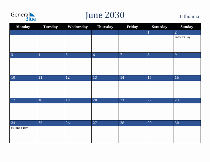June 2030 Lithuania Calendar (Monday Start)