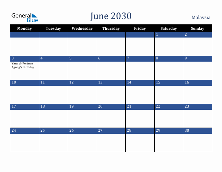 June 2030 Malaysia Calendar (Monday Start)