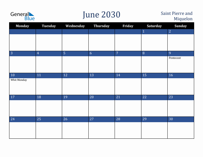 June 2030 Saint Pierre and Miquelon Calendar (Monday Start)