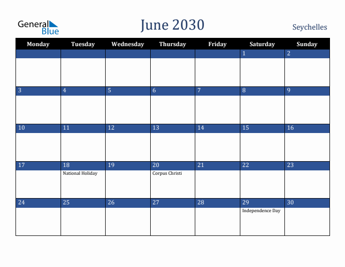 June 2030 Seychelles Calendar (Monday Start)