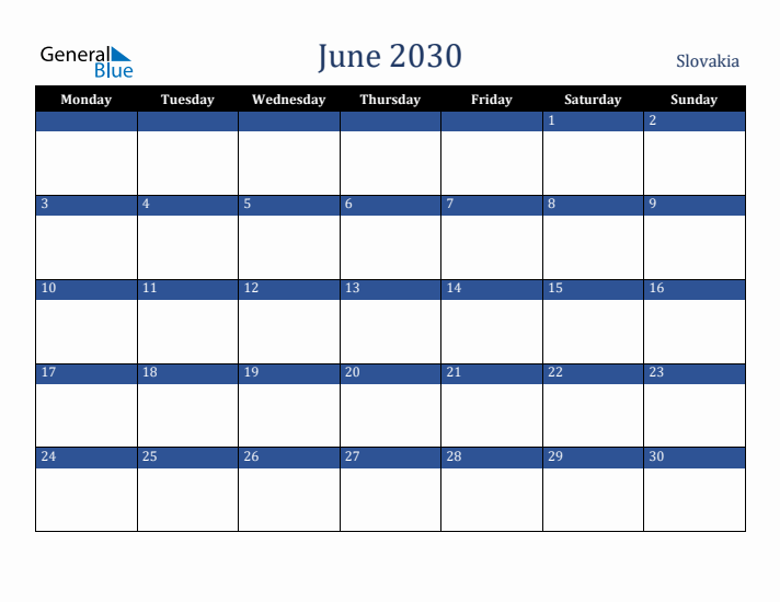 June 2030 Slovakia Calendar (Monday Start)