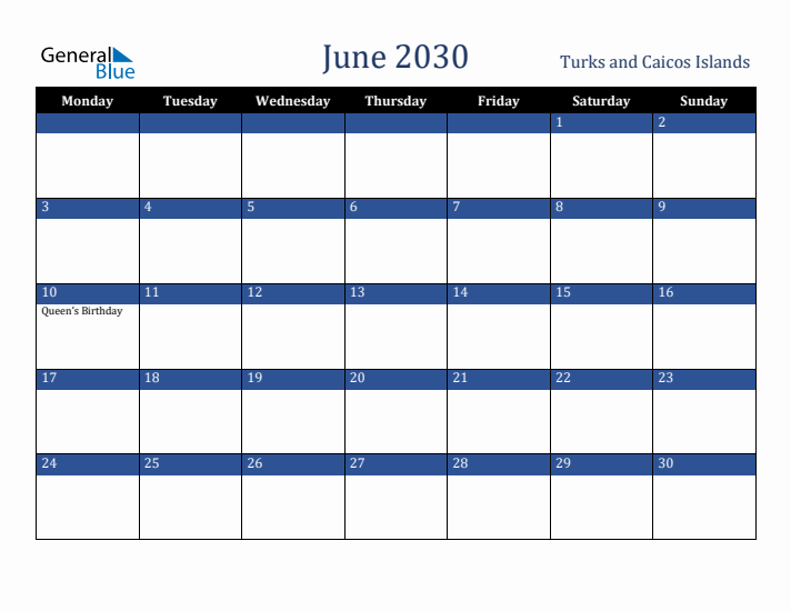 June 2030 Turks and Caicos Islands Calendar (Monday Start)