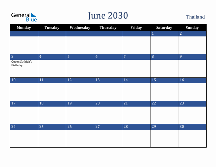June 2030 Thailand Calendar (Monday Start)