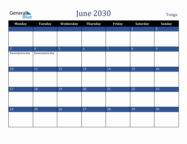 June 2030 Tonga Calendar (Monday Start)