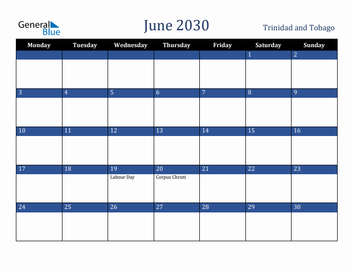 June 2030 Trinidad and Tobago Calendar (Monday Start)