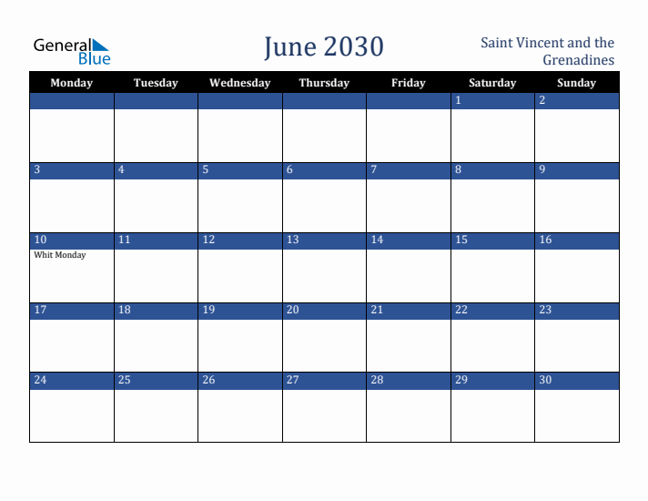 June 2030 Saint Vincent and the Grenadines Calendar (Monday Start)