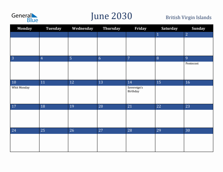 June 2030 British Virgin Islands Calendar (Monday Start)
