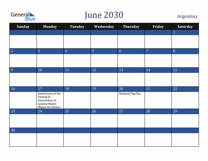 June 2030 Argentina Calendar (Sunday Start)
