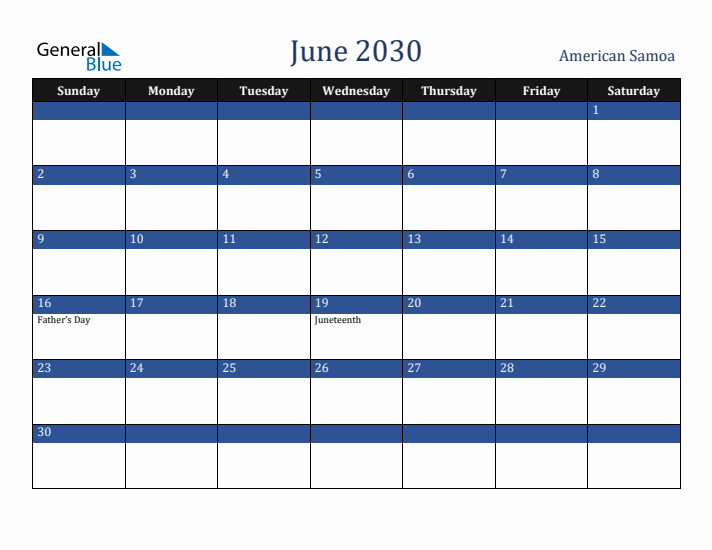 June 2030 American Samoa Calendar (Sunday Start)