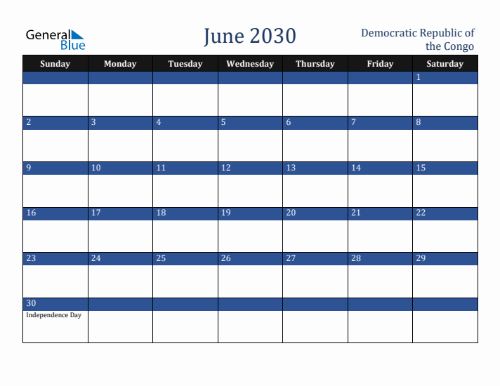 June 2030 Democratic Republic of the Congo Calendar (Sunday Start)