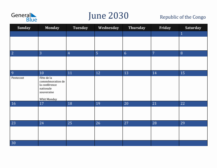 June 2030 Republic of the Congo Calendar (Sunday Start)