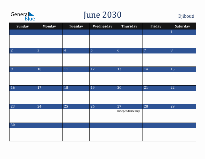 June 2030 Djibouti Calendar (Sunday Start)