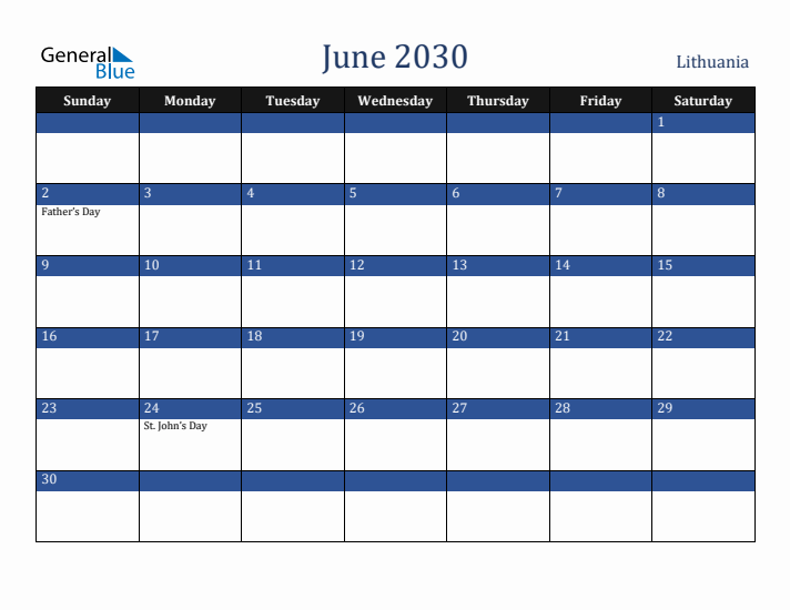 June 2030 Lithuania Calendar (Sunday Start)