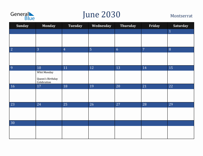 June 2030 Montserrat Calendar (Sunday Start)