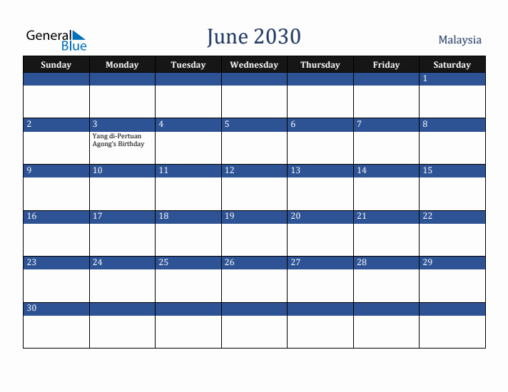 June 2030 Malaysia Calendar (Sunday Start)